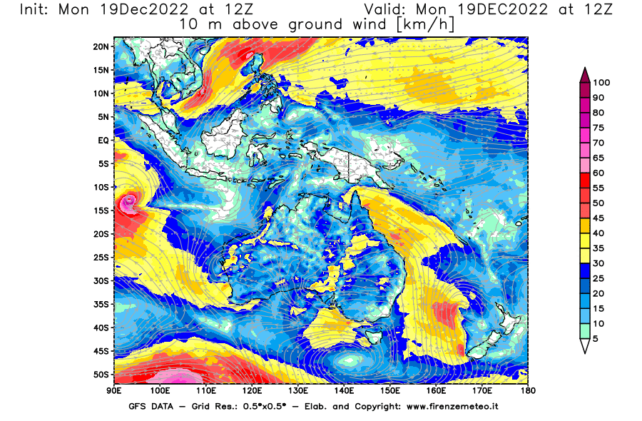 Mappa di analisi GFS - Velocità del vento a 10 metri dal suolo [km/h] in Oceania
							del 19/12/2022 12 <!--googleoff: index-->UTC<!--googleon: index-->