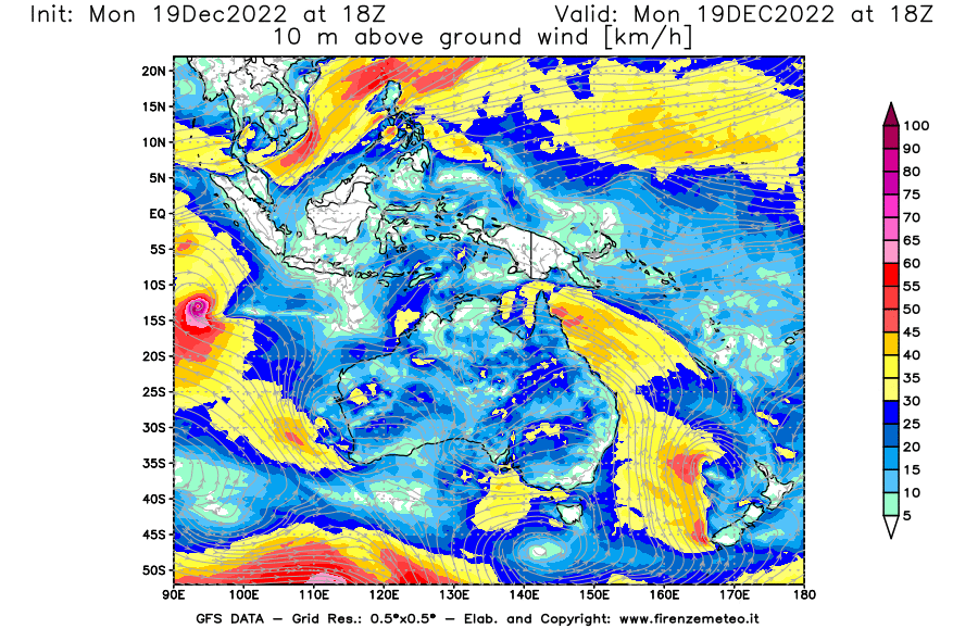 Mappa di analisi GFS - Velocità del vento a 10 metri dal suolo [km/h] in Oceania
							del 19/12/2022 18 <!--googleoff: index-->UTC<!--googleon: index-->