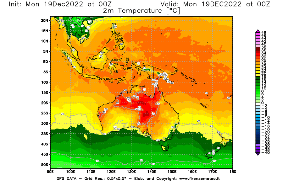 Mappa di analisi GFS - Temperatura a 2 metri dal suolo [°C] in Oceania
							del 19/12/2022 00 <!--googleoff: index-->UTC<!--googleon: index-->