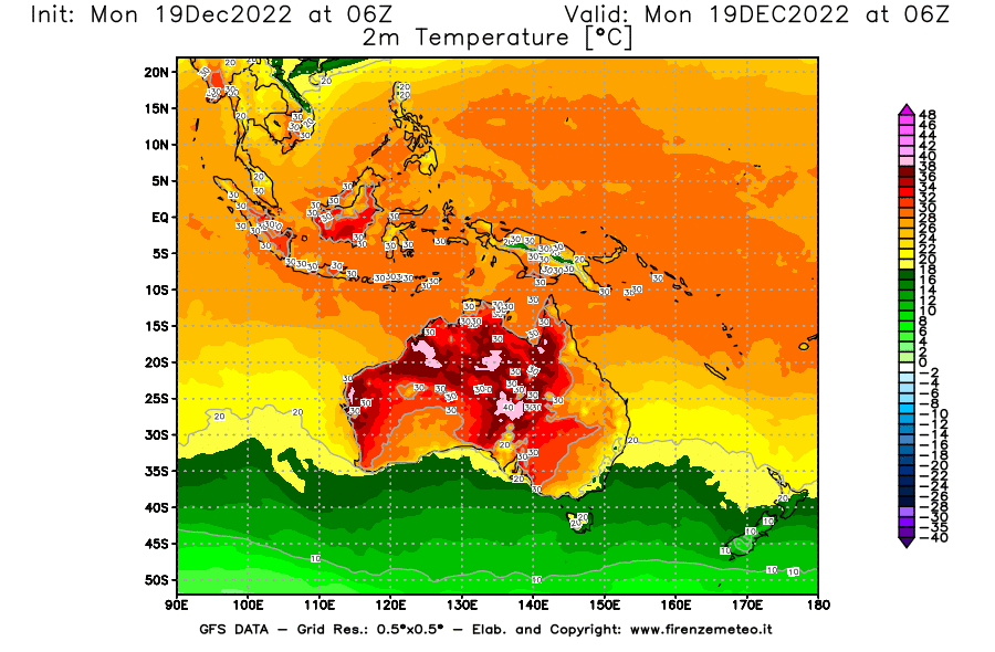 Mappa di analisi GFS - Temperatura a 2 metri dal suolo [°C] in Oceania
							del 19/12/2022 06 <!--googleoff: index-->UTC<!--googleon: index-->