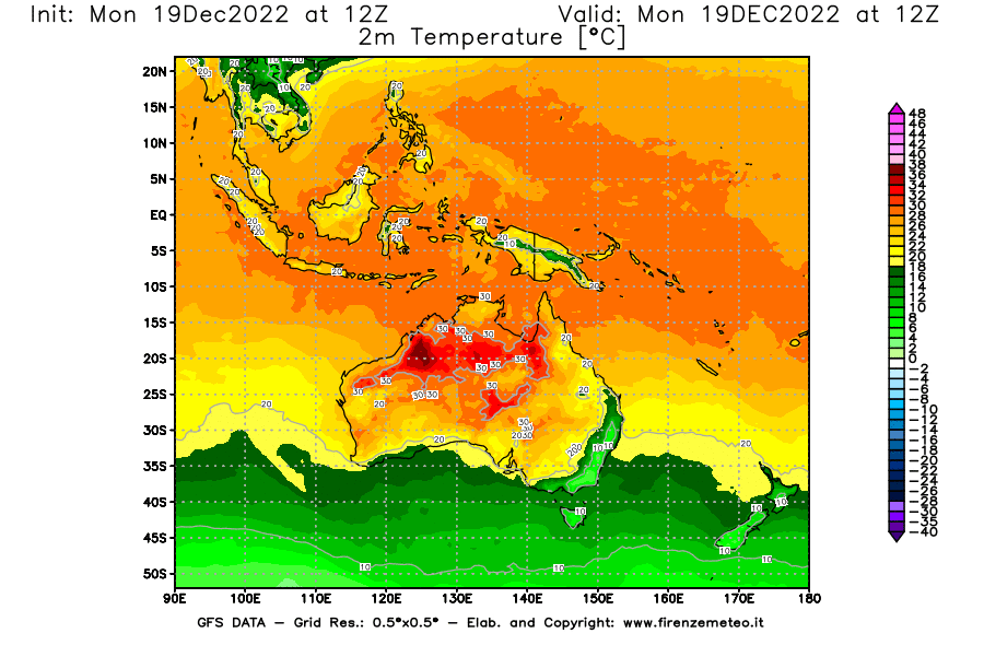 Mappa di analisi GFS - Temperatura a 2 metri dal suolo [°C] in Oceania
							del 19/12/2022 12 <!--googleoff: index-->UTC<!--googleon: index-->