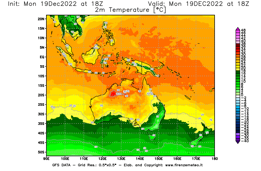 Mappa di analisi GFS - Temperatura a 2 metri dal suolo [°C] in Oceania
							del 19/12/2022 18 <!--googleoff: index-->UTC<!--googleon: index-->