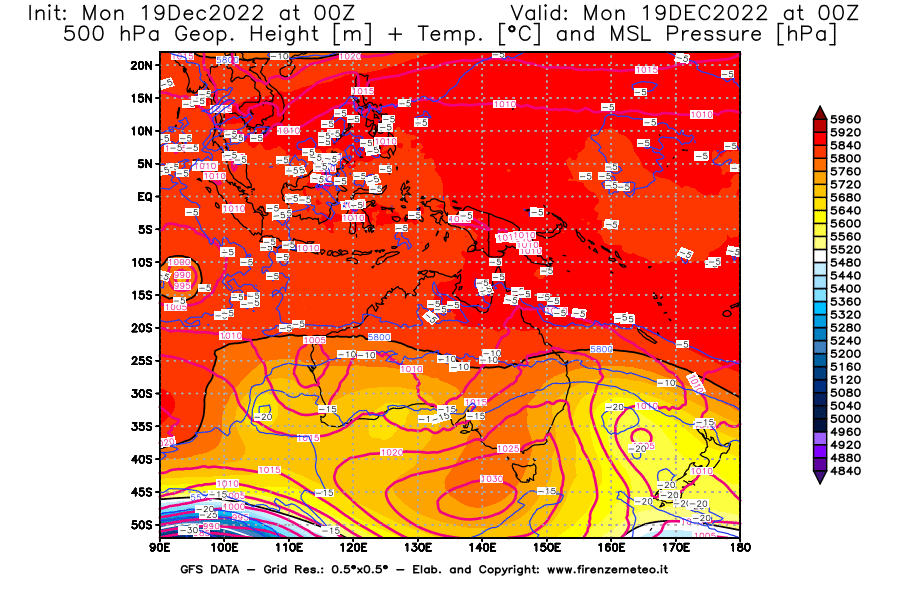 Mappa di analisi GFS - Geopotenziale [m] + Temp. [°C] a 500 hPa + Press. a livello del mare [hPa] in Oceania
							del 19/12/2022 00 <!--googleoff: index-->UTC<!--googleon: index-->