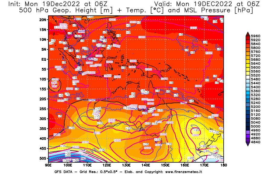 Mappa di analisi GFS - Geopotenziale [m] + Temp. [°C] a 500 hPa + Press. a livello del mare [hPa] in Oceania
							del 19/12/2022 06 <!--googleoff: index-->UTC<!--googleon: index-->