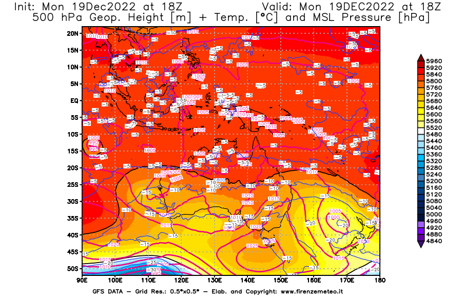 Mappa di analisi GFS - Geopotenziale [m] + Temp. [°C] a 500 hPa + Press. a livello del mare [hPa] in Oceania
							del 19/12/2022 18 <!--googleoff: index-->UTC<!--googleon: index-->