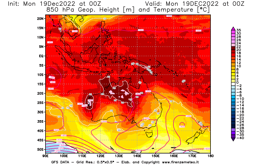Mappa di analisi GFS - Geopotenziale [m] e Temperatura [°C] a 850 hPa in Oceania
							del 19/12/2022 00 <!--googleoff: index-->UTC<!--googleon: index-->