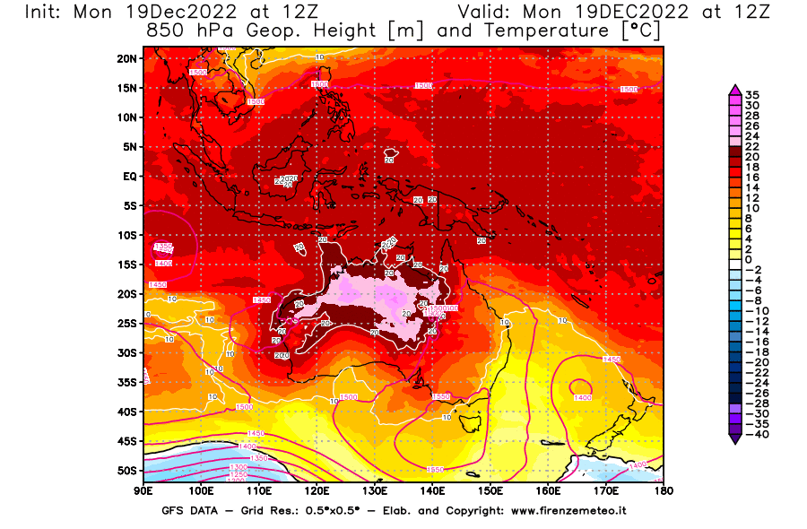 Mappa di analisi GFS - Geopotenziale [m] e Temperatura [°C] a 850 hPa in Oceania
							del 19/12/2022 12 <!--googleoff: index-->UTC<!--googleon: index-->