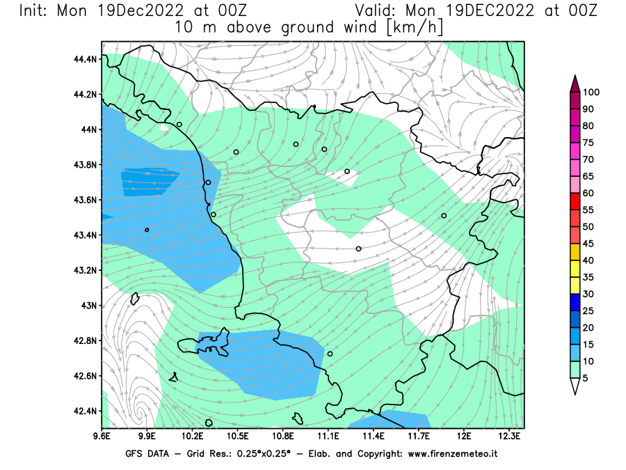 Mappa di analisi GFS - Velocità del vento a 10 metri dal suolo [km/h] in Toscana
							del 19/12/2022 00 <!--googleoff: index-->UTC<!--googleon: index-->