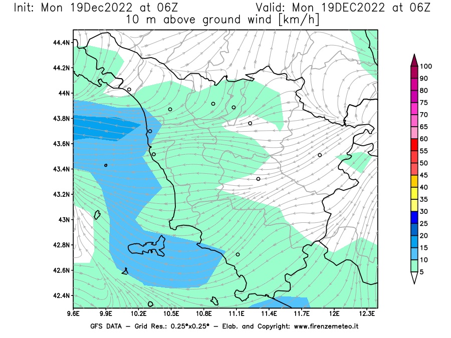 Mappa di analisi GFS - Velocità del vento a 10 metri dal suolo [km/h] in Toscana
							del 19/12/2022 06 <!--googleoff: index-->UTC<!--googleon: index-->