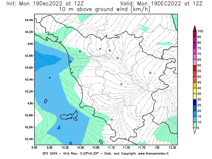 Mappa di analisi GFS - Velocità del vento a 10 metri dal suolo [km/h] in Toscana
							del 19/12/2022 12 <!--googleoff: index-->UTC<!--googleon: index-->