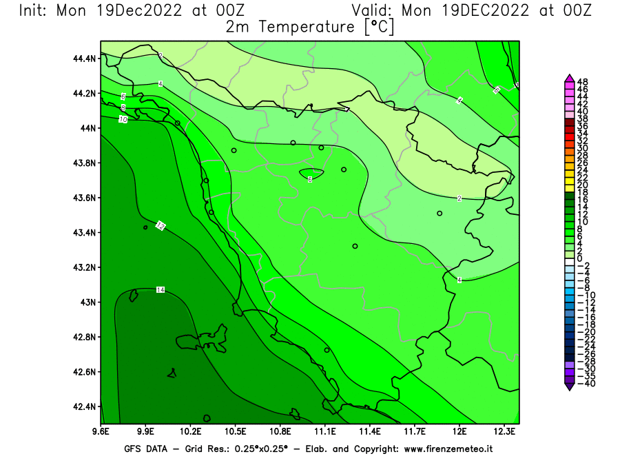 Mappa di analisi GFS - Temperatura a 2 metri dal suolo [°C] in Toscana
							del 19/12/2022 00 <!--googleoff: index-->UTC<!--googleon: index-->
