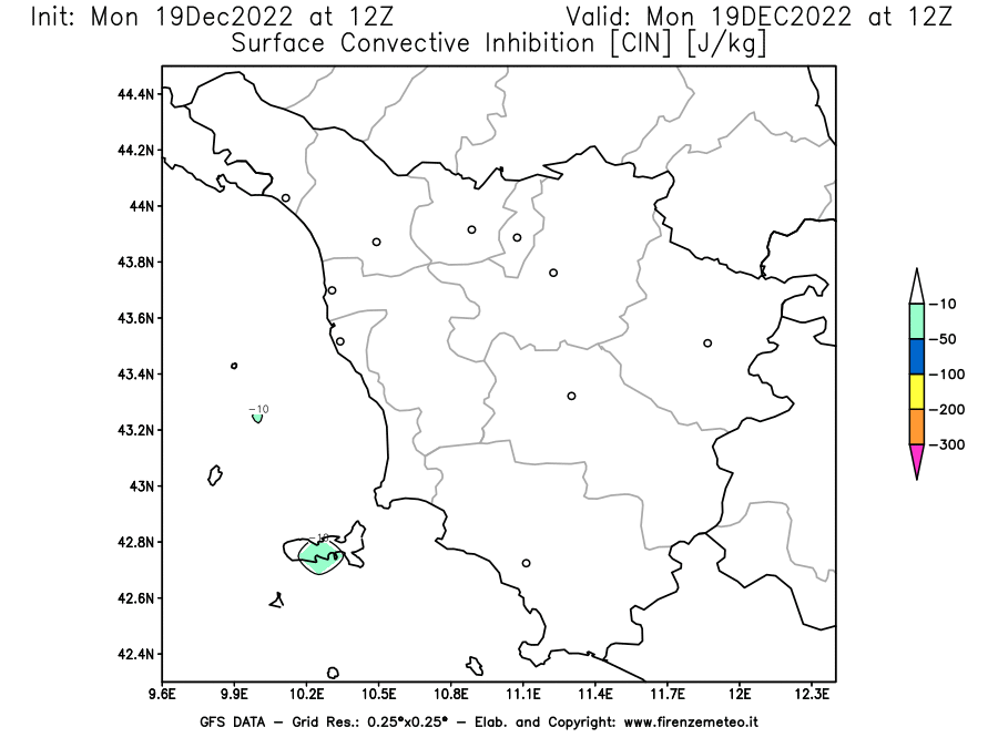 Mappa di analisi GFS - CIN [J/kg] in Toscana
							del 19/12/2022 12 <!--googleoff: index-->UTC<!--googleon: index-->