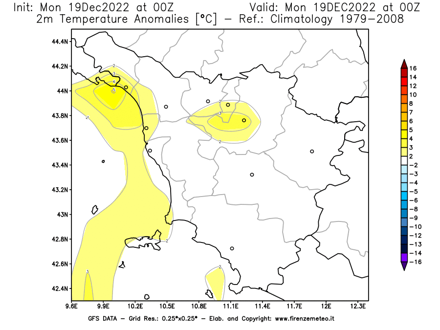Mappa di analisi GFS - Anomalia Temperatura [°C] a 2 m in Toscana
							del 19/12/2022 00 <!--googleoff: index-->UTC<!--googleon: index-->