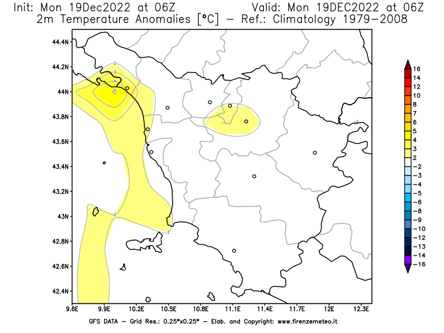 Mappa di analisi GFS - Anomalia Temperatura [°C] a 2 m in Toscana
							del 19/12/2022 06 <!--googleoff: index-->UTC<!--googleon: index-->