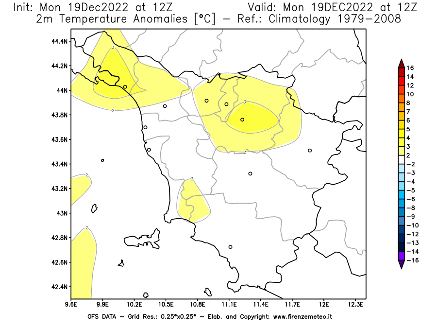 Mappa di analisi GFS - Anomalia Temperatura [°C] a 2 m in Toscana
							del 19/12/2022 12 <!--googleoff: index-->UTC<!--googleon: index-->