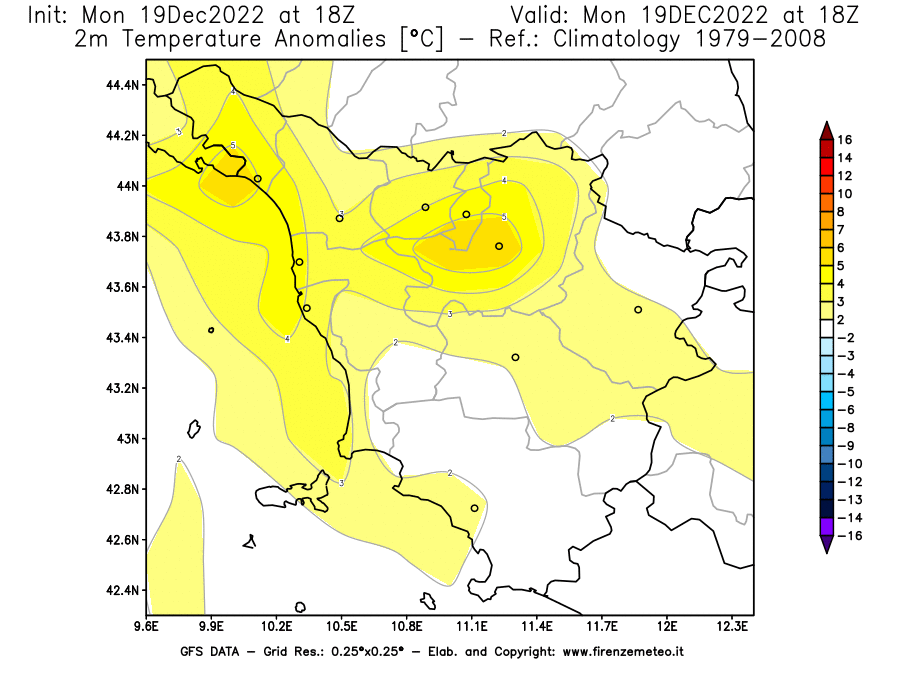 Mappa di analisi GFS - Anomalia Temperatura [°C] a 2 m in Toscana
							del 19/12/2022 18 <!--googleoff: index-->UTC<!--googleon: index-->