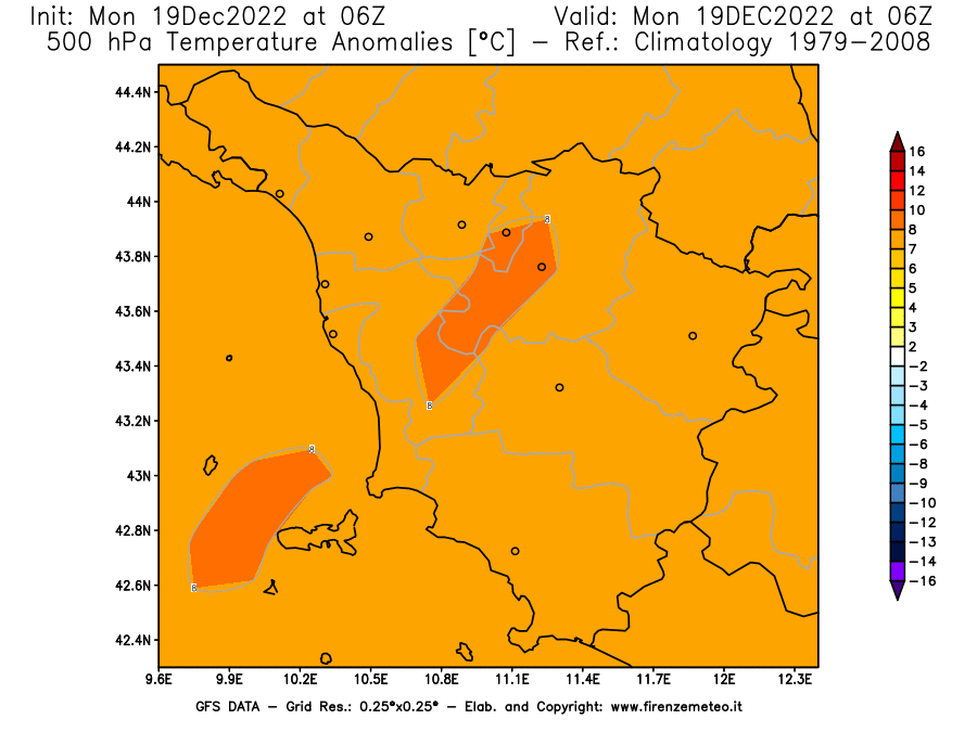Mappa di analisi GFS - Anomalia Temperatura [°C] a 500 hPa in Toscana
							del 19/12/2022 06 <!--googleoff: index-->UTC<!--googleon: index-->