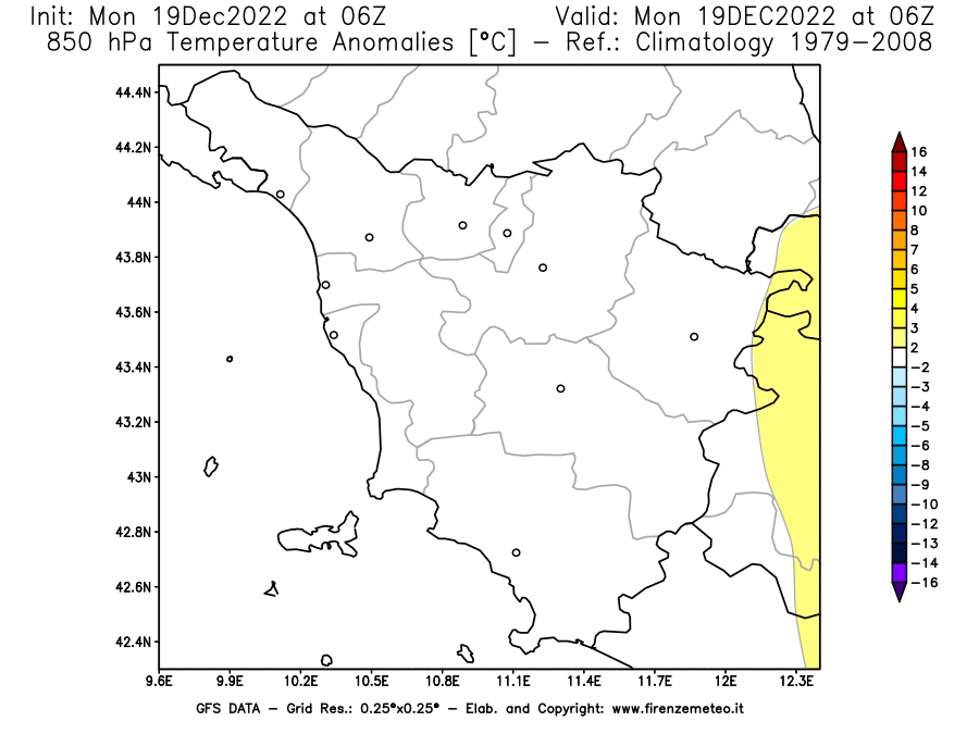 Mappa di analisi GFS - Anomalia Temperatura [°C] a 850 hPa in Toscana
							del 19/12/2022 06 <!--googleoff: index-->UTC<!--googleon: index-->