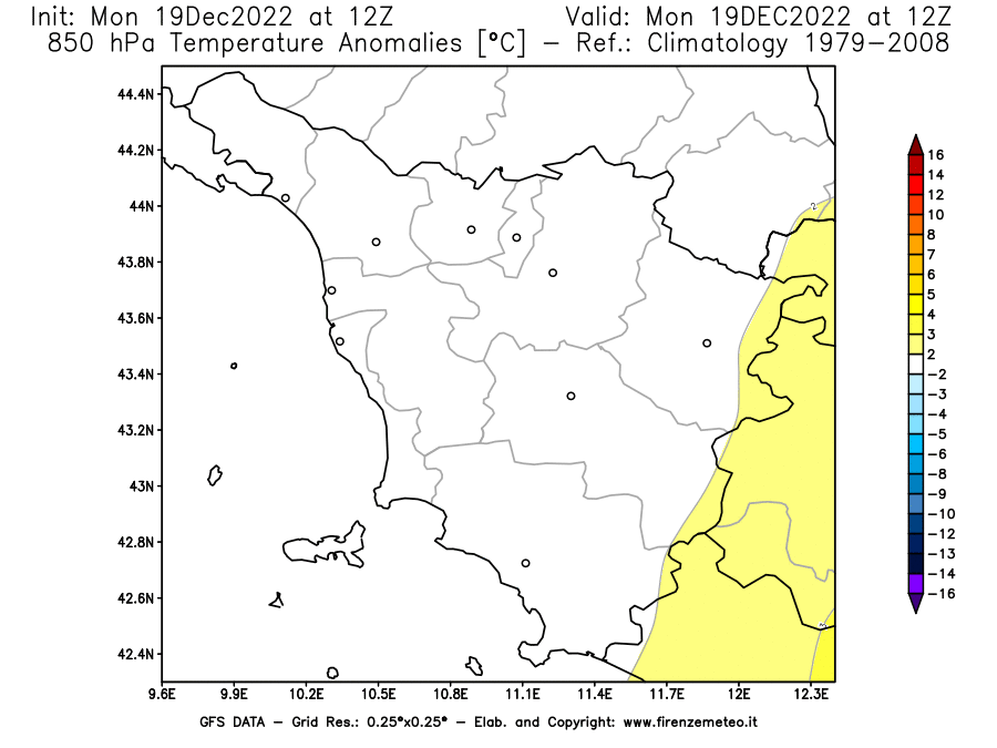 Mappa di analisi GFS - Anomalia Temperatura [°C] a 850 hPa in Toscana
							del 19/12/2022 12 <!--googleoff: index-->UTC<!--googleon: index-->