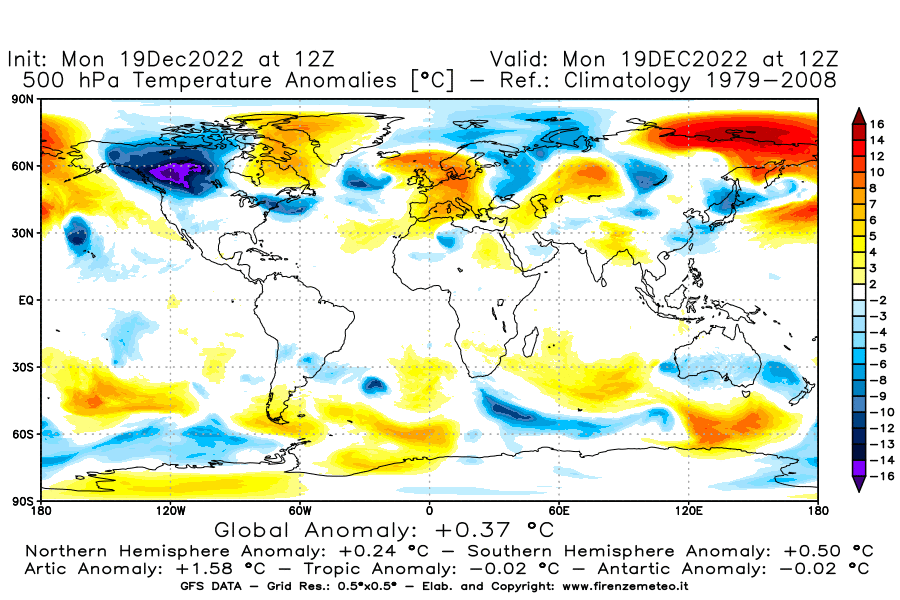 Mappa di analisi GFS - Anomalia Temperatura [°C] a 500 hPa in World
							del 19/12/2022 12 <!--googleoff: index-->UTC<!--googleon: index-->