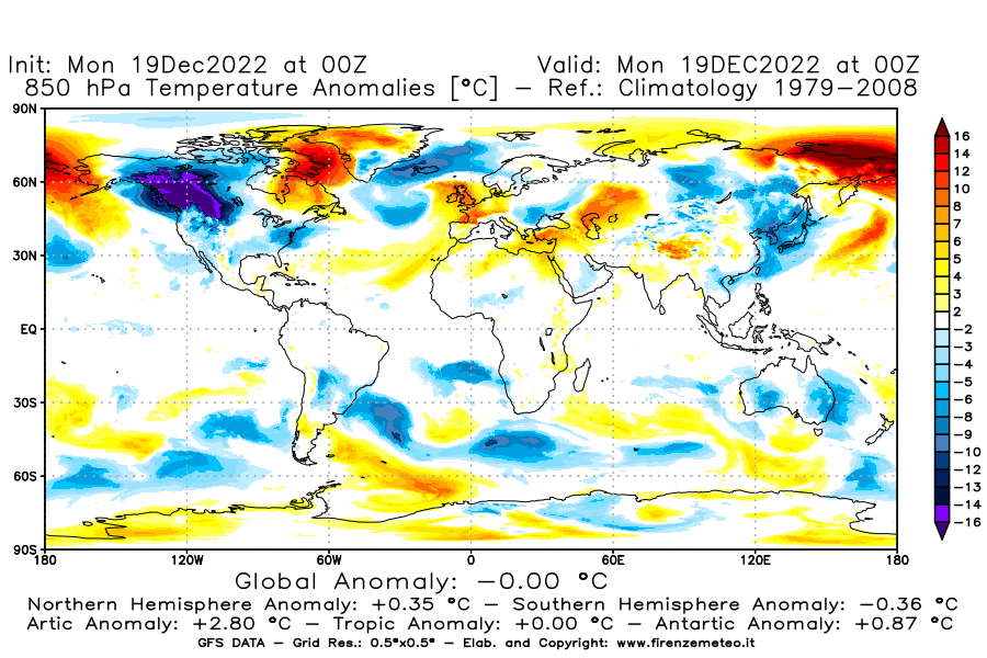 Mappa di analisi GFS - Anomalia Temperatura [°C] a 850 hPa in World
							del 19/12/2022 00 <!--googleoff: index-->UTC<!--googleon: index-->