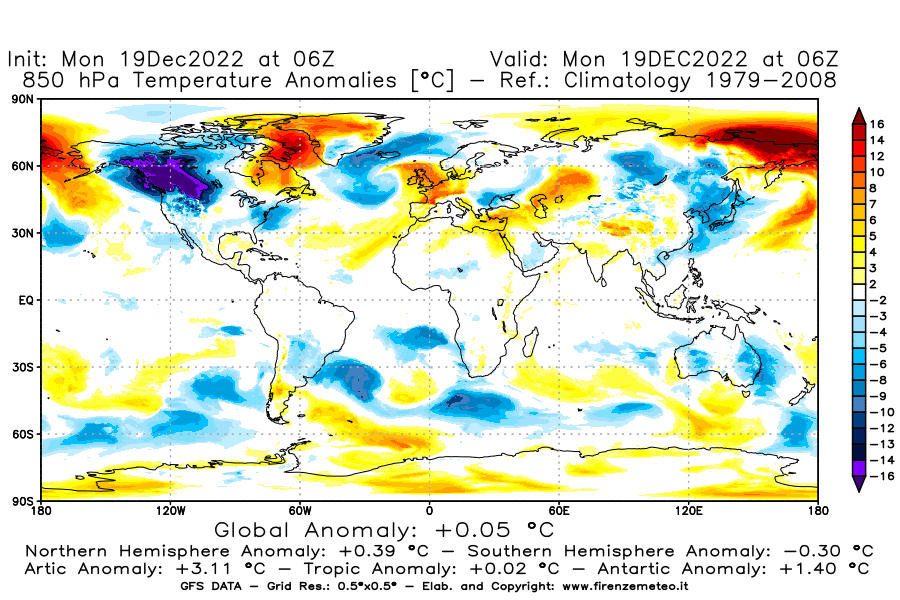 Mappa di analisi GFS - Anomalia Temperatura [°C] a 850 hPa in World
							del 19/12/2022 06 <!--googleoff: index-->UTC<!--googleon: index-->