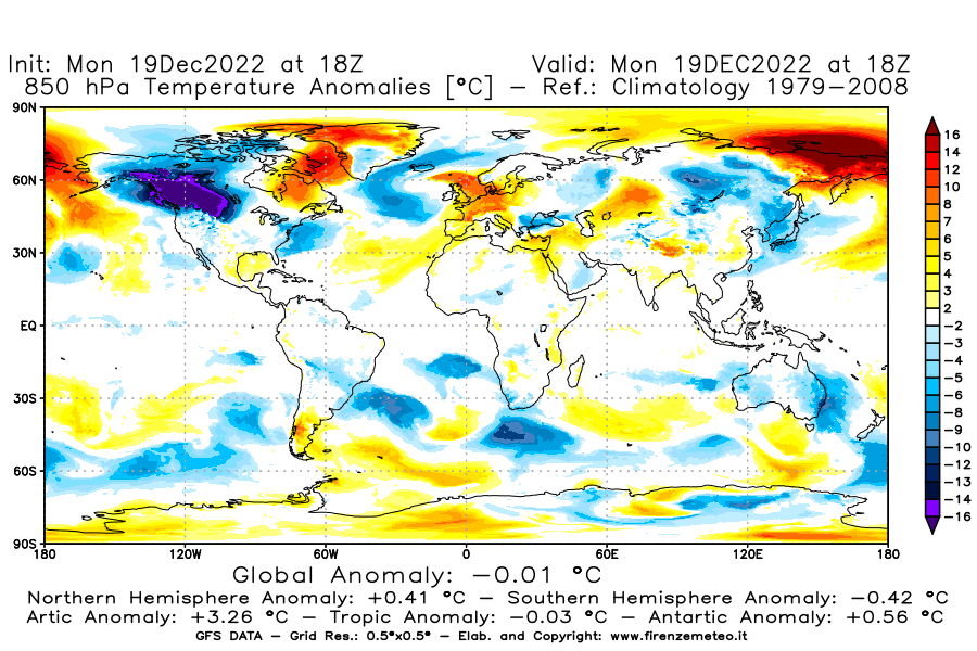 Mappa di analisi GFS - Anomalia Temperatura [°C] a 850 hPa in World
							del 19/12/2022 18 <!--googleoff: index-->UTC<!--googleon: index-->