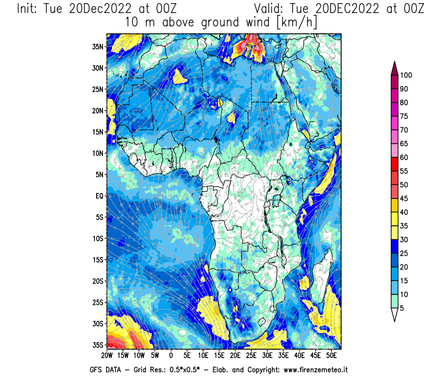 Mappa di analisi GFS - Velocità del vento a 10 metri dal suolo [km/h] in Africa
							del 20/12/2022 00 <!--googleoff: index-->UTC<!--googleon: index-->