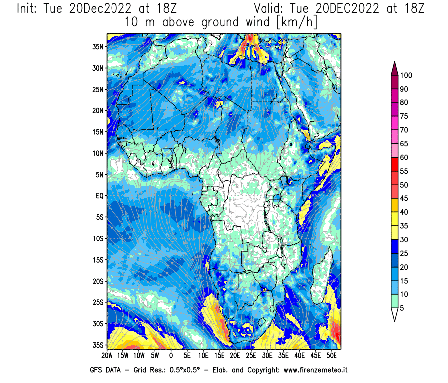 Mappa di analisi GFS - Velocità del vento a 10 metri dal suolo [km/h] in Africa
							del 20/12/2022 18 <!--googleoff: index-->UTC<!--googleon: index-->