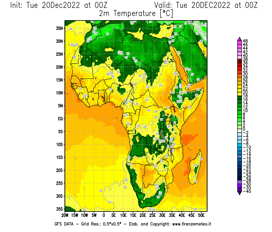 Mappa di analisi GFS - Temperatura a 2 metri dal suolo [°C] in Africa
							del 20/12/2022 00 <!--googleoff: index-->UTC<!--googleon: index-->