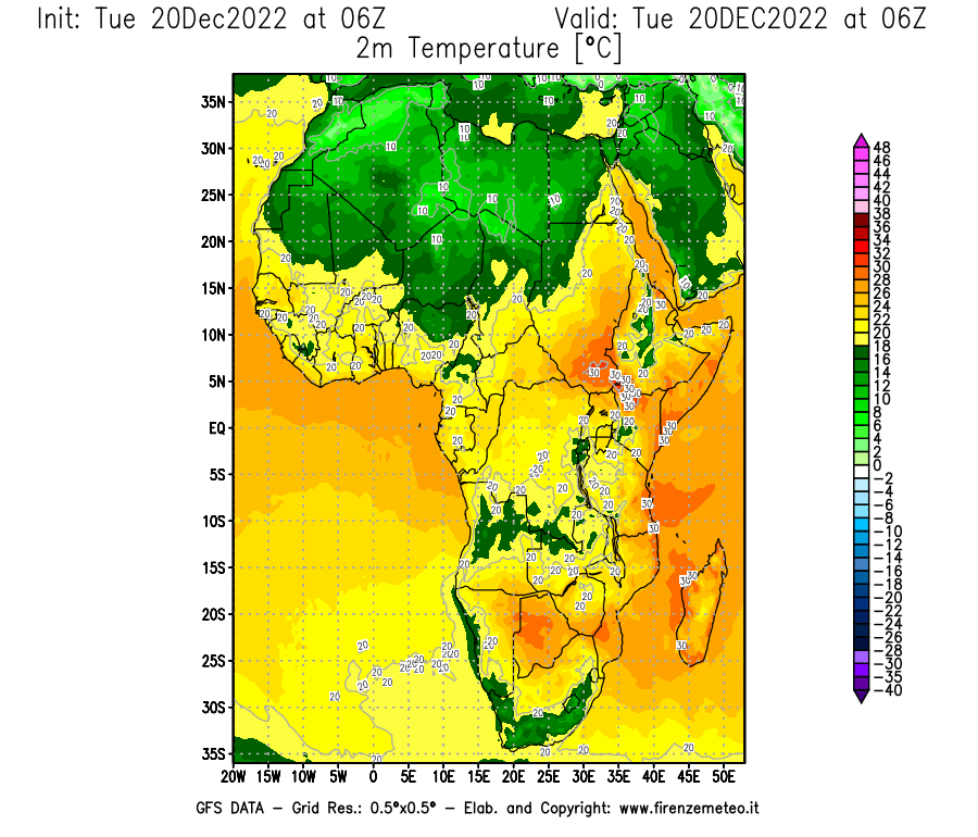 Mappa di analisi GFS - Temperatura a 2 metri dal suolo [°C] in Africa
							del 20/12/2022 06 <!--googleoff: index-->UTC<!--googleon: index-->