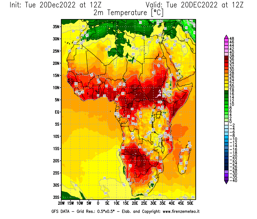 Mappa di analisi GFS - Temperatura a 2 metri dal suolo [°C] in Africa
							del 20/12/2022 12 <!--googleoff: index-->UTC<!--googleon: index-->
