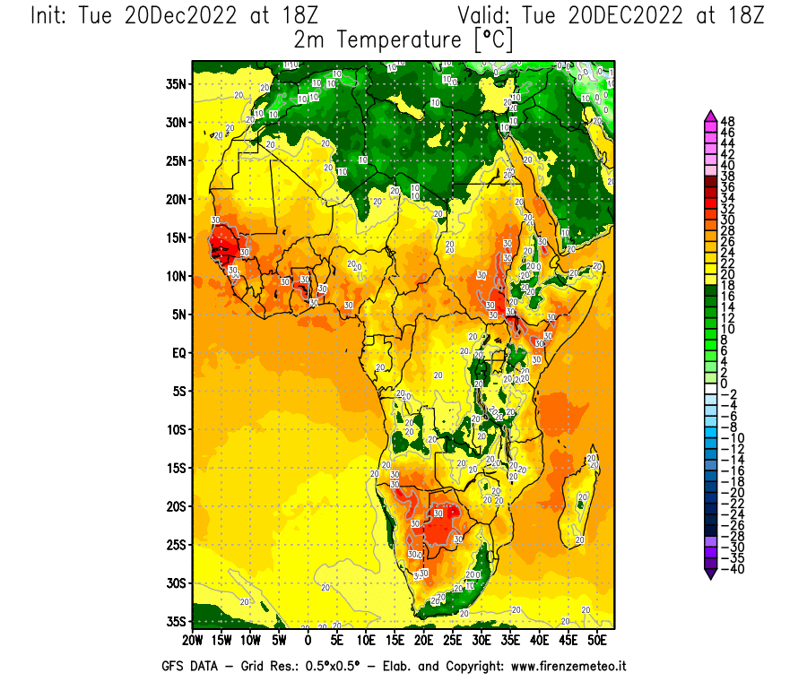 Mappa di analisi GFS - Temperatura a 2 metri dal suolo [°C] in Africa
							del 20/12/2022 18 <!--googleoff: index-->UTC<!--googleon: index-->