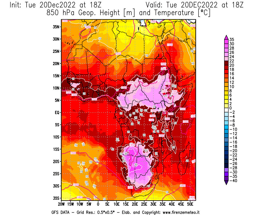 Mappa di analisi GFS - Geopotenziale [m] e Temperatura [°C] a 850 hPa in Africa
							del 20/12/2022 18 <!--googleoff: index-->UTC<!--googleon: index-->