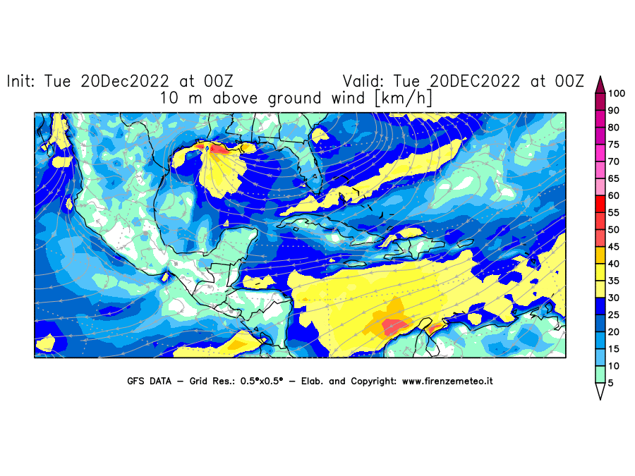 Mappa di analisi GFS - Velocità del vento a 10 metri dal suolo [km/h] in Centro-America
							del 20/12/2022 00 <!--googleoff: index-->UTC<!--googleon: index-->