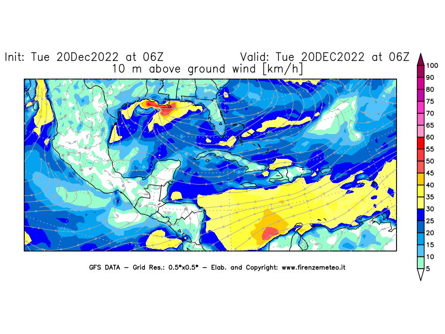 Mappa di analisi GFS - Velocità del vento a 10 metri dal suolo [km/h] in Centro-America
							del 20/12/2022 06 <!--googleoff: index-->UTC<!--googleon: index-->