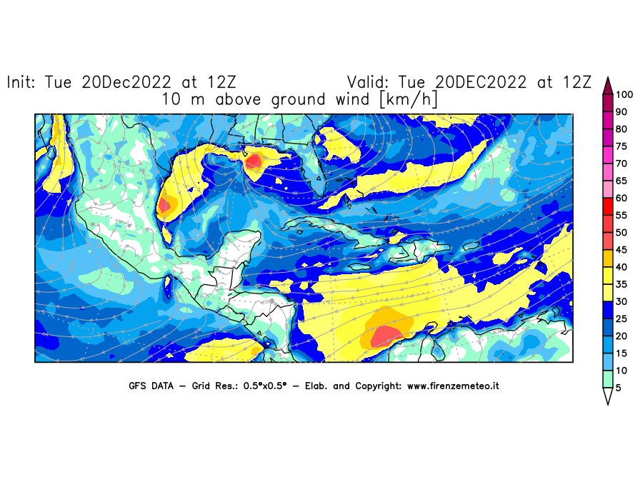 Mappa di analisi GFS - Velocità del vento a 10 metri dal suolo [km/h] in Centro-America
							del 20/12/2022 12 <!--googleoff: index-->UTC<!--googleon: index-->