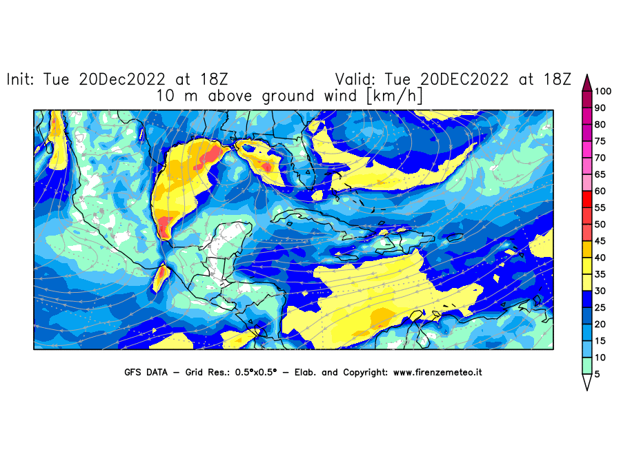 Mappa di analisi GFS - Velocità del vento a 10 metri dal suolo [km/h] in Centro-America
							del 20/12/2022 18 <!--googleoff: index-->UTC<!--googleon: index-->