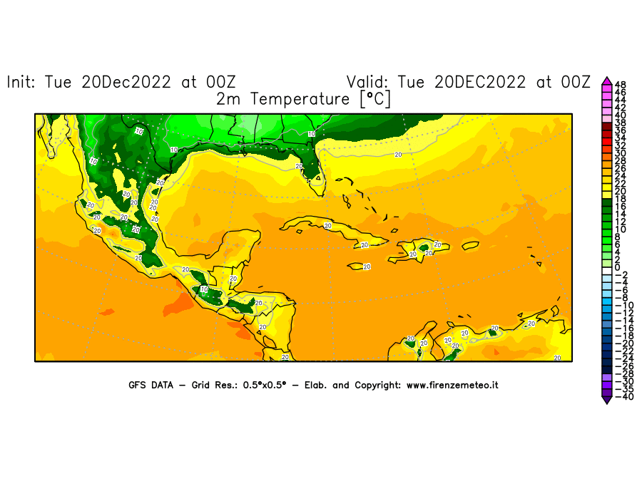 Mappa di analisi GFS - Temperatura a 2 metri dal suolo [°C] in Centro-America
							del 20/12/2022 00 <!--googleoff: index-->UTC<!--googleon: index-->