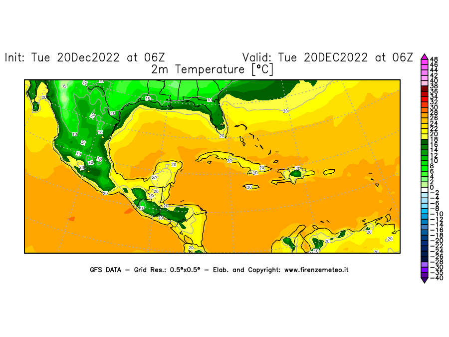 Mappa di analisi GFS - Temperatura a 2 metri dal suolo [°C] in Centro-America
							del 20/12/2022 06 <!--googleoff: index-->UTC<!--googleon: index-->