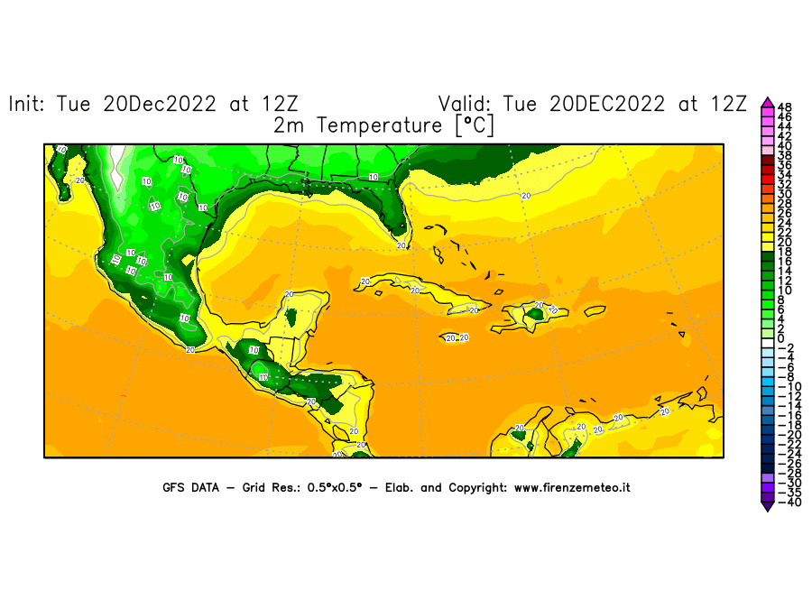 Mappa di analisi GFS - Temperatura a 2 metri dal suolo [°C] in Centro-America
							del 20/12/2022 12 <!--googleoff: index-->UTC<!--googleon: index-->