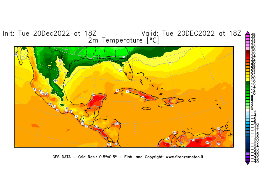 Mappa di analisi GFS - Temperatura a 2 metri dal suolo [°C] in Centro-America
							del 20/12/2022 18 <!--googleoff: index-->UTC<!--googleon: index-->