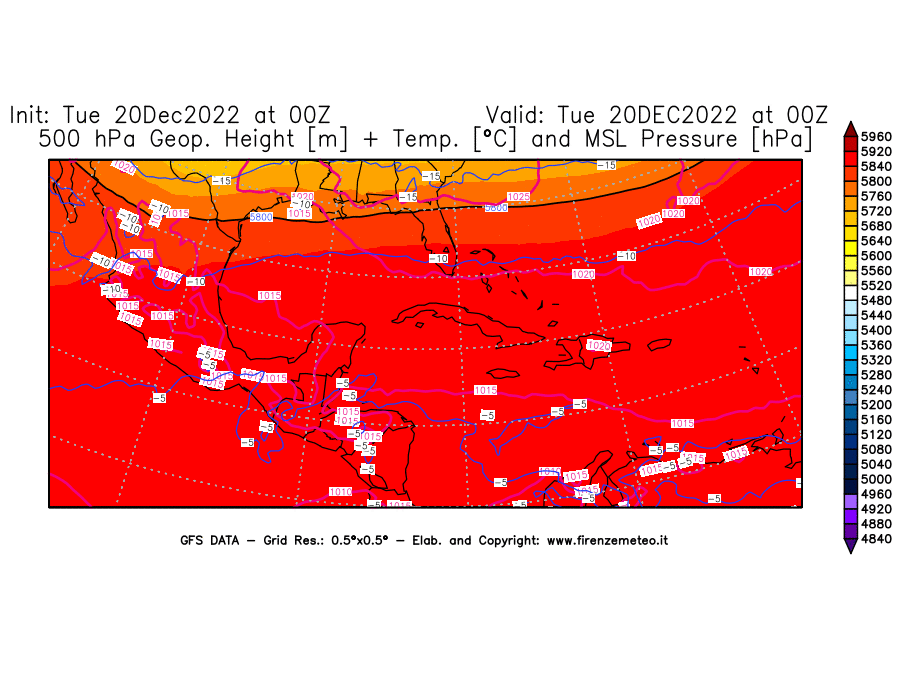 Mappa di analisi GFS - Geopotenziale [m] + Temp. [°C] a 500 hPa + Press. a livello del mare [hPa] in Centro-America
							del 20/12/2022 00 <!--googleoff: index-->UTC<!--googleon: index-->