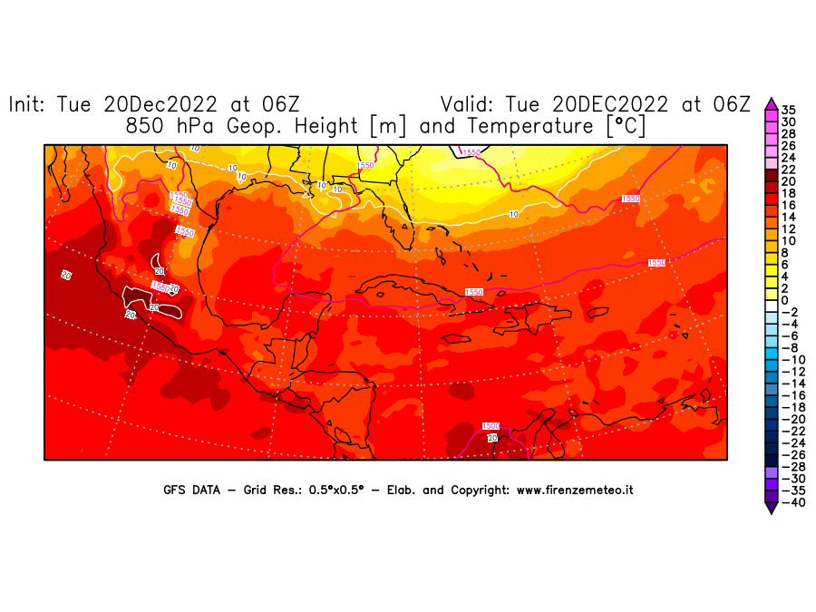 Mappa di analisi GFS - Geopotenziale [m] e Temperatura [°C] a 850 hPa in Centro-America
							del 20/12/2022 06 <!--googleoff: index-->UTC<!--googleon: index-->