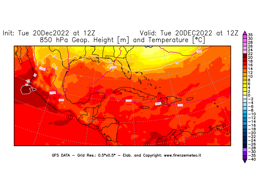 Mappa di analisi GFS - Geopotenziale [m] e Temperatura [°C] a 850 hPa in Centro-America
							del 20/12/2022 12 <!--googleoff: index-->UTC<!--googleon: index-->