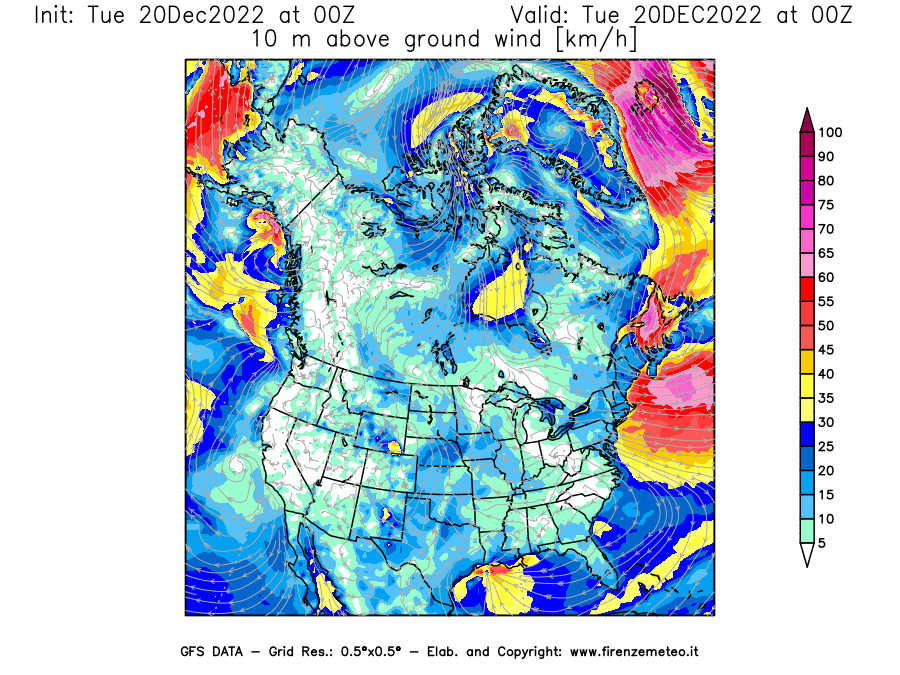 Mappa di analisi GFS - Velocità del vento a 10 metri dal suolo [km/h] in Nord-America
							del 20/12/2022 00 <!--googleoff: index-->UTC<!--googleon: index-->