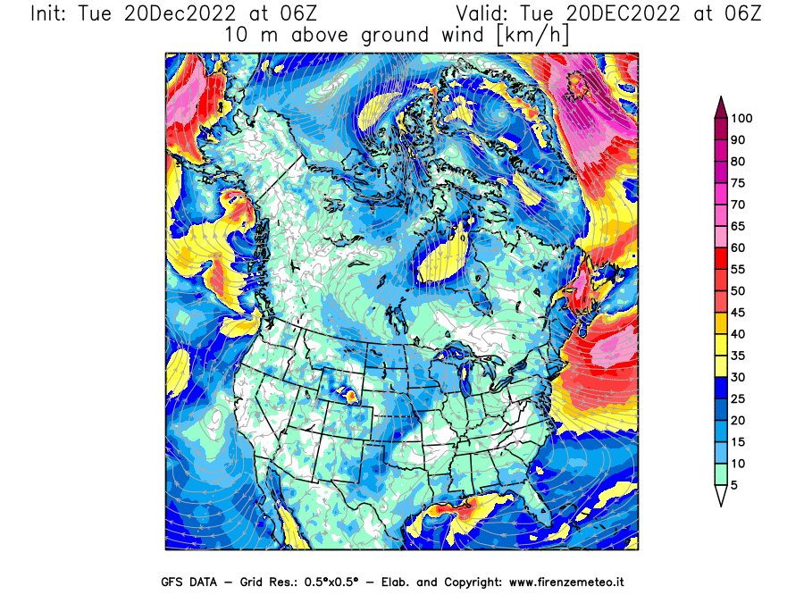 Mappa di analisi GFS - Velocità del vento a 10 metri dal suolo [km/h] in Nord-America
							del 20/12/2022 06 <!--googleoff: index-->UTC<!--googleon: index-->
