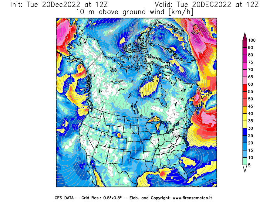 Mappa di analisi GFS - Velocità del vento a 10 metri dal suolo [km/h] in Nord-America
							del 20/12/2022 12 <!--googleoff: index-->UTC<!--googleon: index-->
