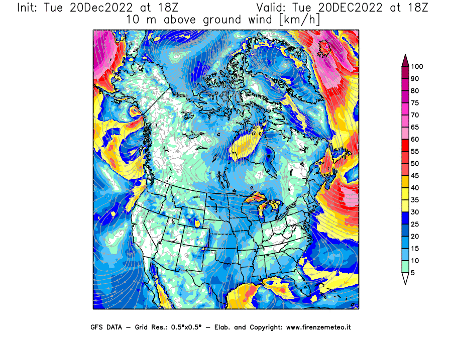 Mappa di analisi GFS - Velocità del vento a 10 metri dal suolo [km/h] in Nord-America
							del 20/12/2022 18 <!--googleoff: index-->UTC<!--googleon: index-->