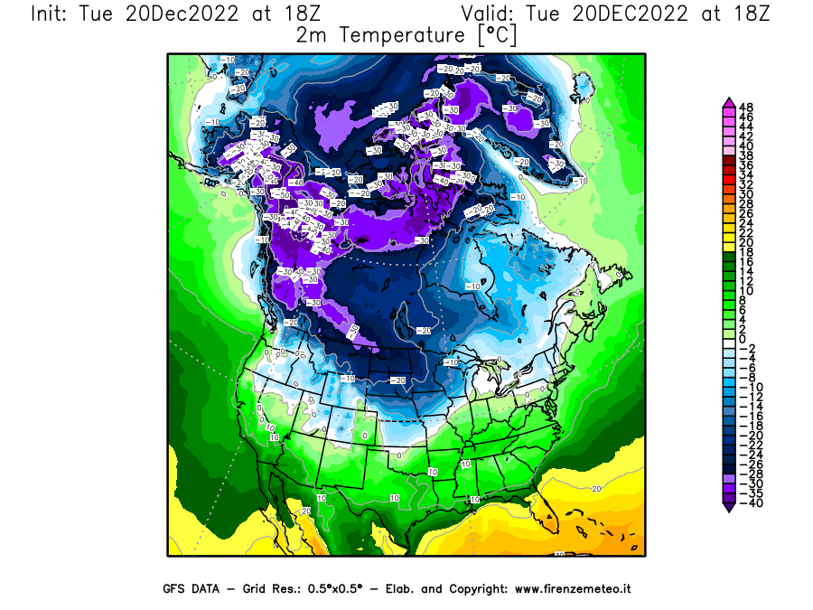 Mappa di analisi GFS - Temperatura a 2 metri dal suolo [°C] in Nord-America
							del 20/12/2022 18 <!--googleoff: index-->UTC<!--googleon: index-->
